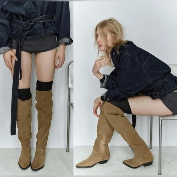 🔥🔥Zara Flat XL cowboy suede boots - Picture 1 of 7